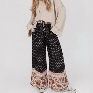 THREE BIRDS NEST Bohemian Black and Cream Wide-Leg Pants